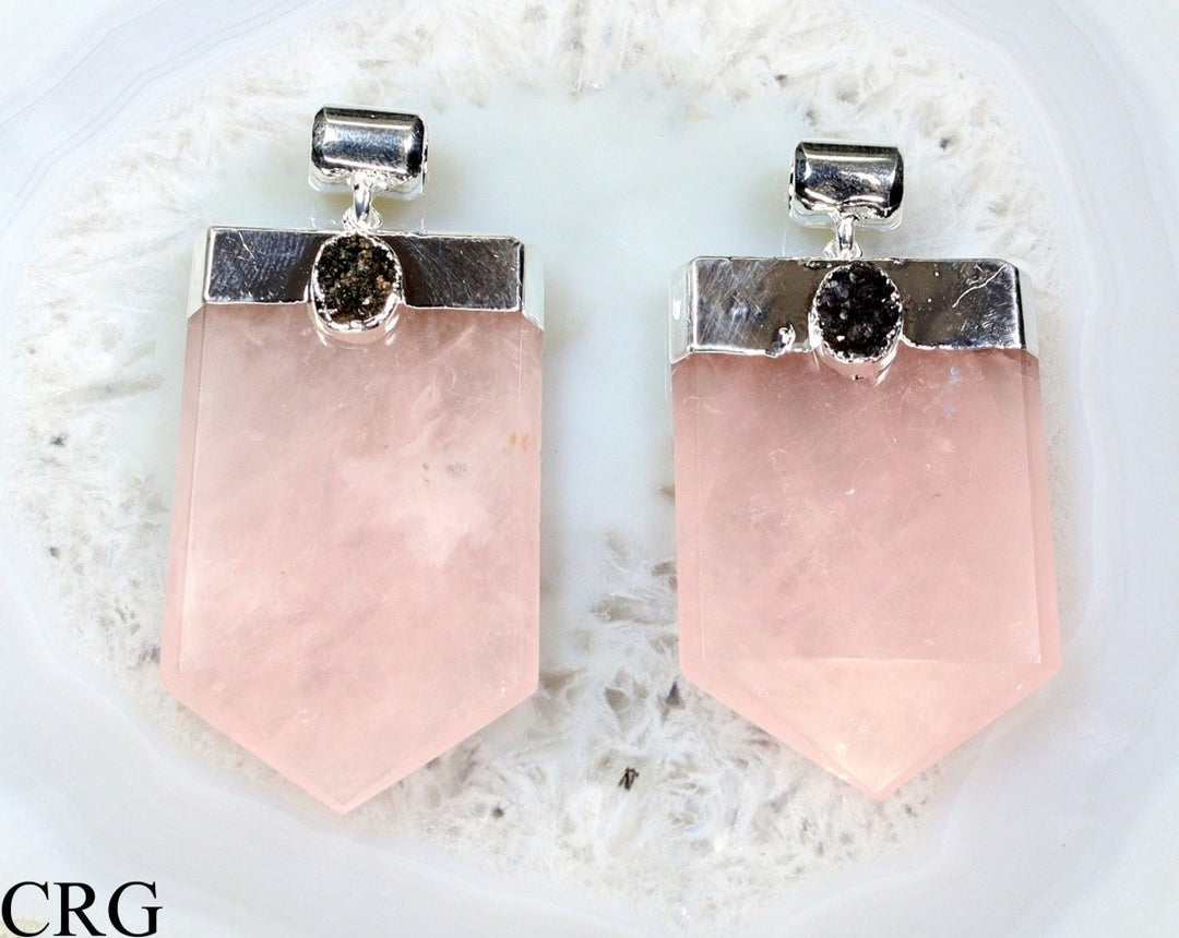 Rose Quartz Druzy Flat Pendant with Silver Plating (1 Piece) Size 2.5 Inches Crystal Jewelry CharmCrystal River Gems