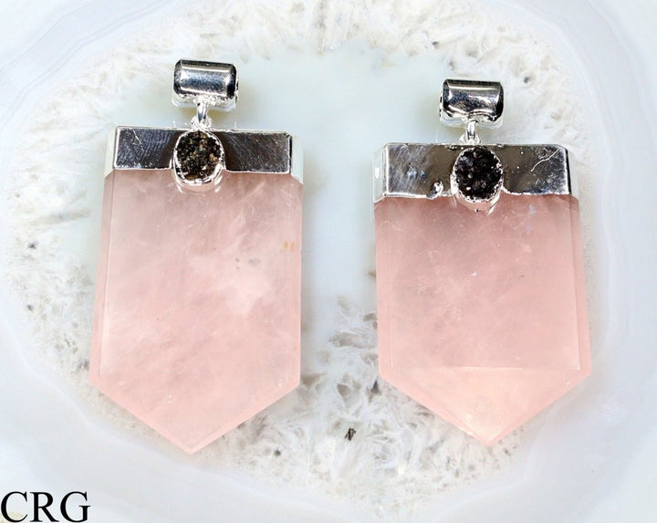 Rose Quartz Druzy Flat Pendant with Silver Plating (1 Piece) Size 2.5 Inches Crystal Jewelry CharmCrystal River Gems