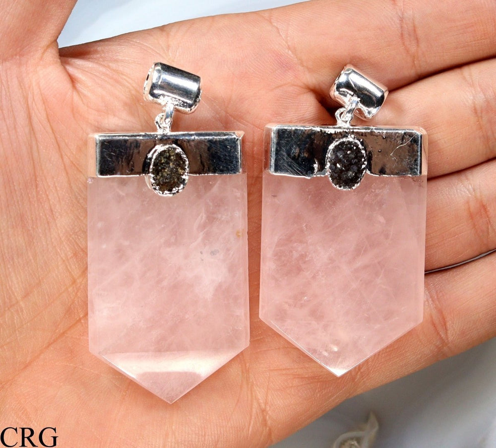 Rose Quartz Druzy Flat Pendant with Silver Plating (1 Piece) Size 2.5 Inches Crystal Jewelry CharmCrystal River Gems