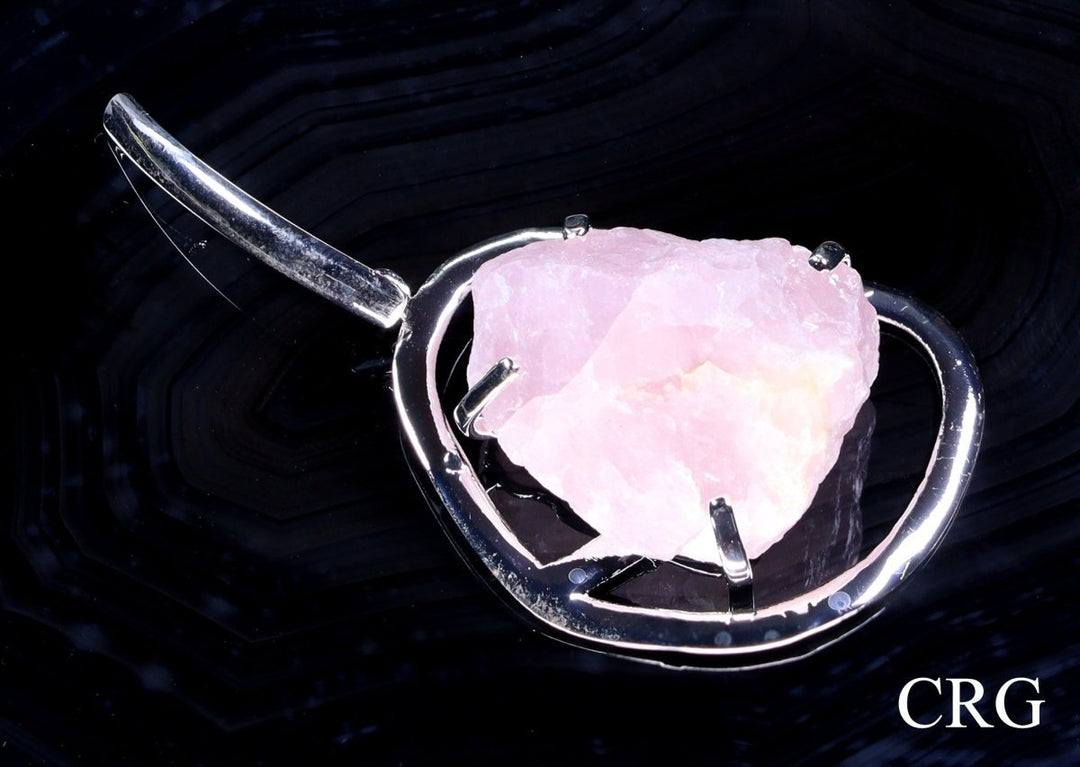Rose Quartz Raw Rock Pendant with Silver Plating (1 Piece) Size 3 Inches Crystal Jewelry CharmCrystal River Gems