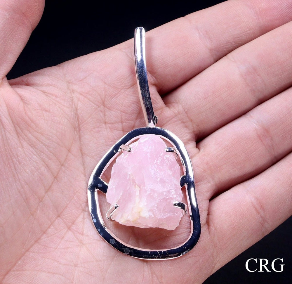 Rose Quartz Raw Rock Pendant with Silver Plating (1 Piece) Size 3 Inches Crystal Jewelry CharmCrystal River Gems
