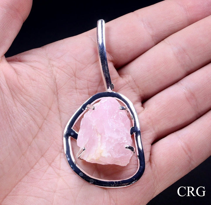 Rose Quartz Raw Rock Pendant with Silver Plating (1 Piece) Size 3 Inches Crystal Jewelry CharmCrystal River Gems