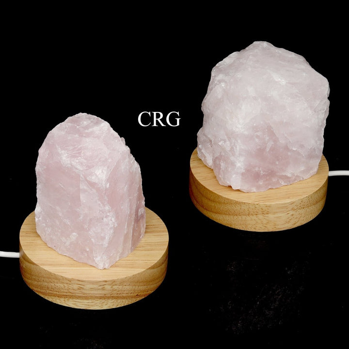 Rose Quartz Rough Lamp with Wooden Color Light Changing Base (2 Pieces) Size 2.5 to 3.5 Inches Crystal DecorCrystal River Gems