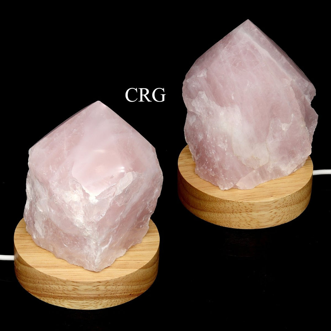 Rose Quartz Top Polished Point Mini Lamp with 3 Inch Color Light Changing Wood Base (2 Pieces) Size 2.5 to 3.5 Inches Crystal Decor