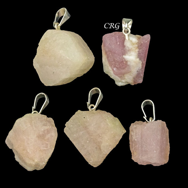 Rose Tourmaline Rough Rock Pendant with Silver Bail (5 Pieces) Size 18 to 22 mm Crystal Jewelry Charm