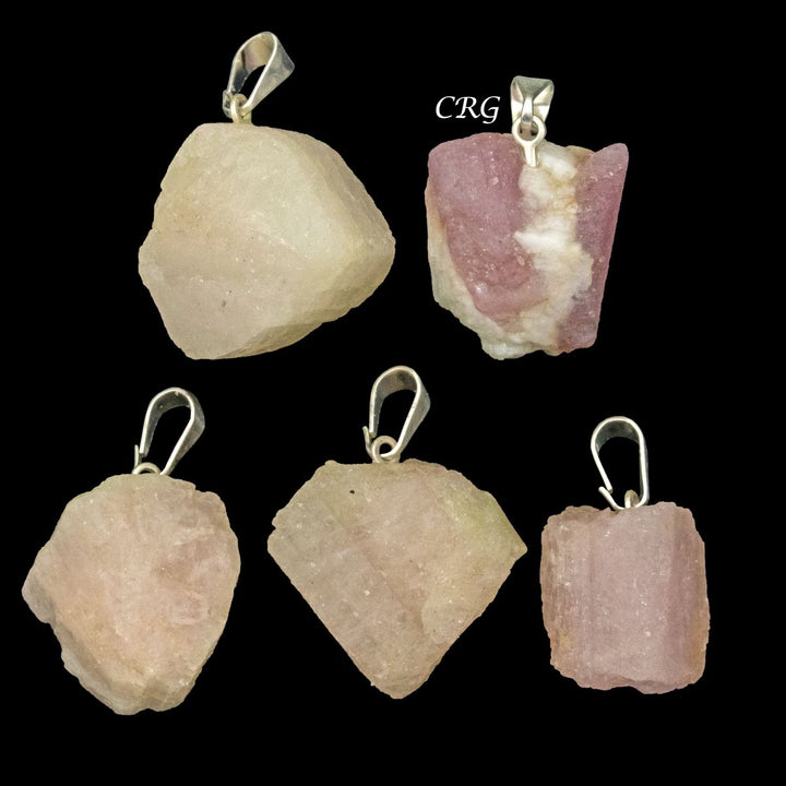 Rose Tourmaline Rough Rock Pendant with Silver Bail (5 Pieces) Size 18 to 22 mm Crystal Jewelry CharmCrystal River Gems