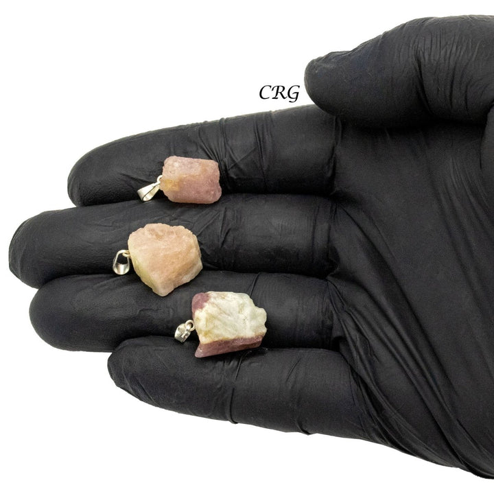 Rose Tourmaline Rough Rock Pendant with Silver Bail (5 Pieces) Size 18 to 22 mm Crystal Jewelry CharmCrystal River Gems