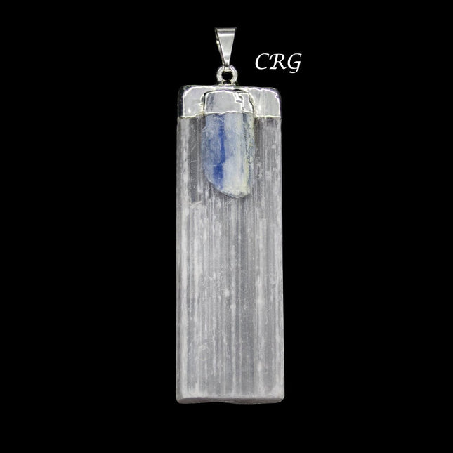 Selenite Blade Pendant with Blue Kyanite and Silver Plating (4 Pieces) Size 1 to 2 Inches Crystal Jewelry Charm