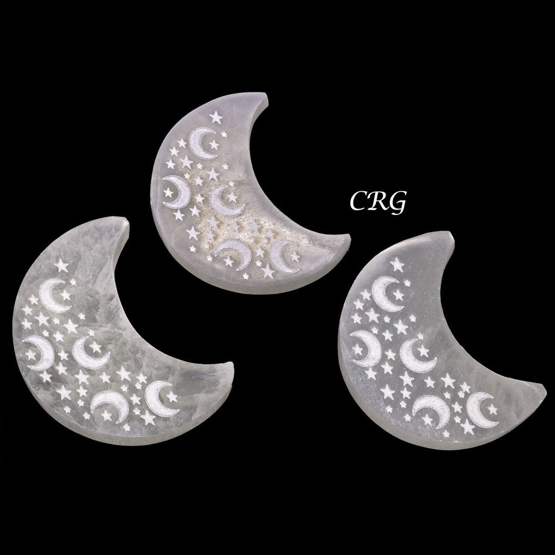 Selenite Crescent Moon Plate with Moon and Star Engravings (1 Piece) Size 10 cm Crystal Gemstone Slab
