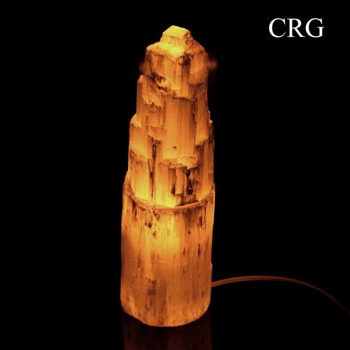 Selenite Skyscraper Tower Lamp with Bulb and Cord (1 Piece) Size 7 to 9 Inches Crystal Gemstone Light Decor