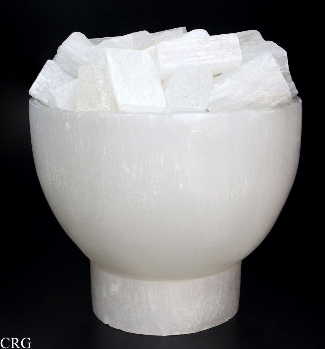 Selenite White "Fire Bowl" Lamp with Cord and Bulb (1 Piece) Size 6 to 8 by 4 Inches Crystal Gemstone Decor