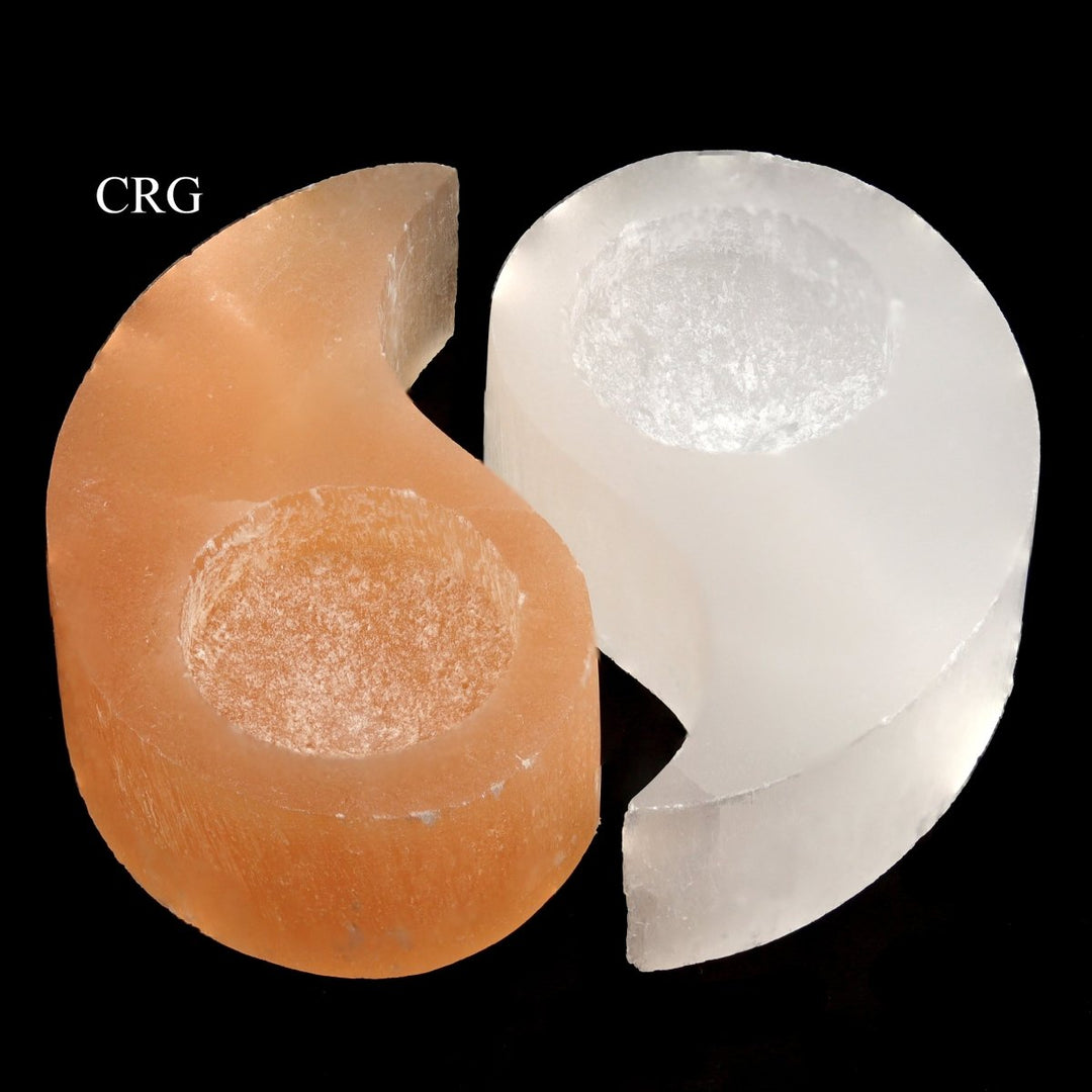Selenite Ying and Yang Candle Holders (2 Pieces) Size 4 to 4.5 Inches Crystal Gemstone DecorCrystal River Gems