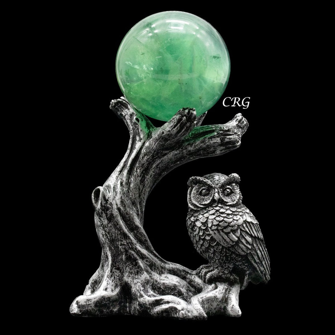 Silver Owl and Branch Sphere Holder Stand (1 Piece) Size 4.5 Inches Carving Display