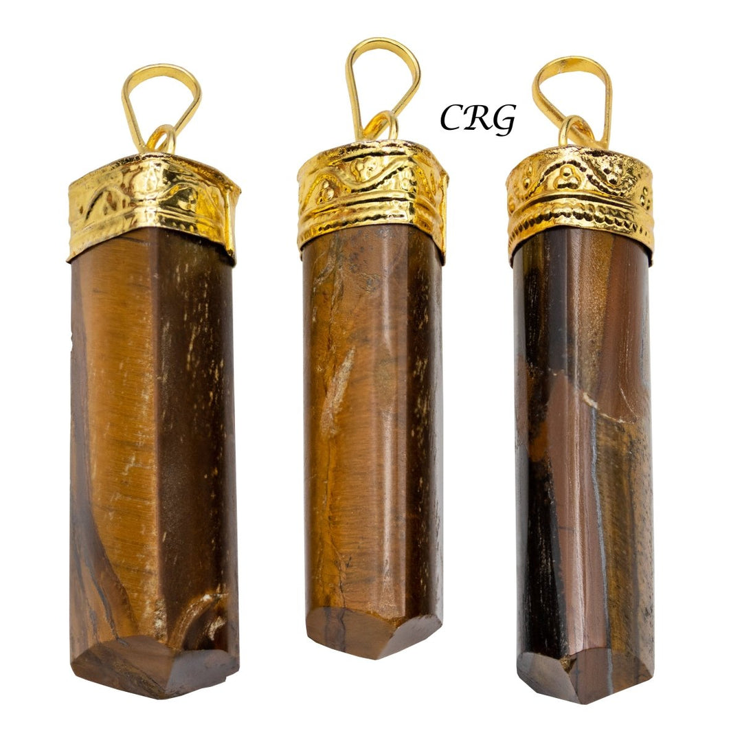 Tiger's Eye Point Pendant with Gold Plating (4 Pieces) Size 2 Inches 3-Sided Crystal Jewelry Charm