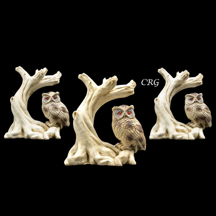 White Owl and Branch Sphere Holder Stand (1 Piece) Size 4.5 Inches Carving DisplayCrystal River Gems