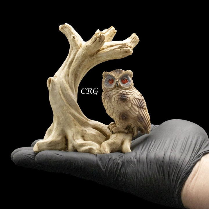 White Owl and Branch Sphere Holder Stand (1 Piece) Size 4.5 Inches Carving DisplayCrystal River Gems