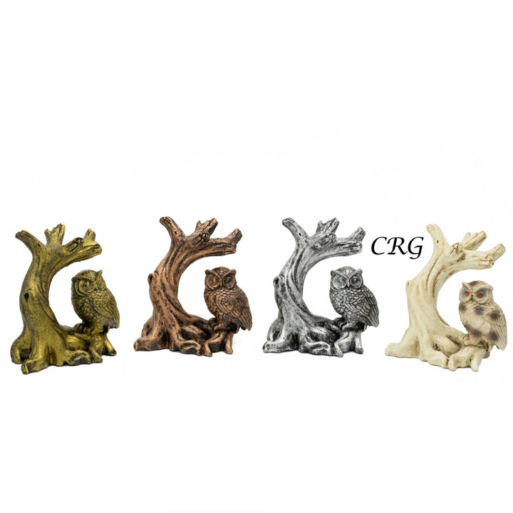 White Owl and Branch Sphere Holder Stand (1 Piece) Size 4.5 Inches Carving DisplayCrystal River Gems