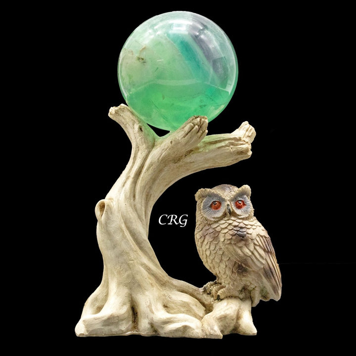 White Owl and Branch Sphere Holder Stand (1 Piece) Size 4.5 Inches Carving DisplayCrystal River Gems
