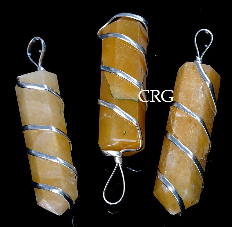Yellow Quartz Point Pendant with Silver Wire Spiral Wrapping (4 Pieces) Size 2 Inches Crystal Jewelry CharmCrystal River Gems