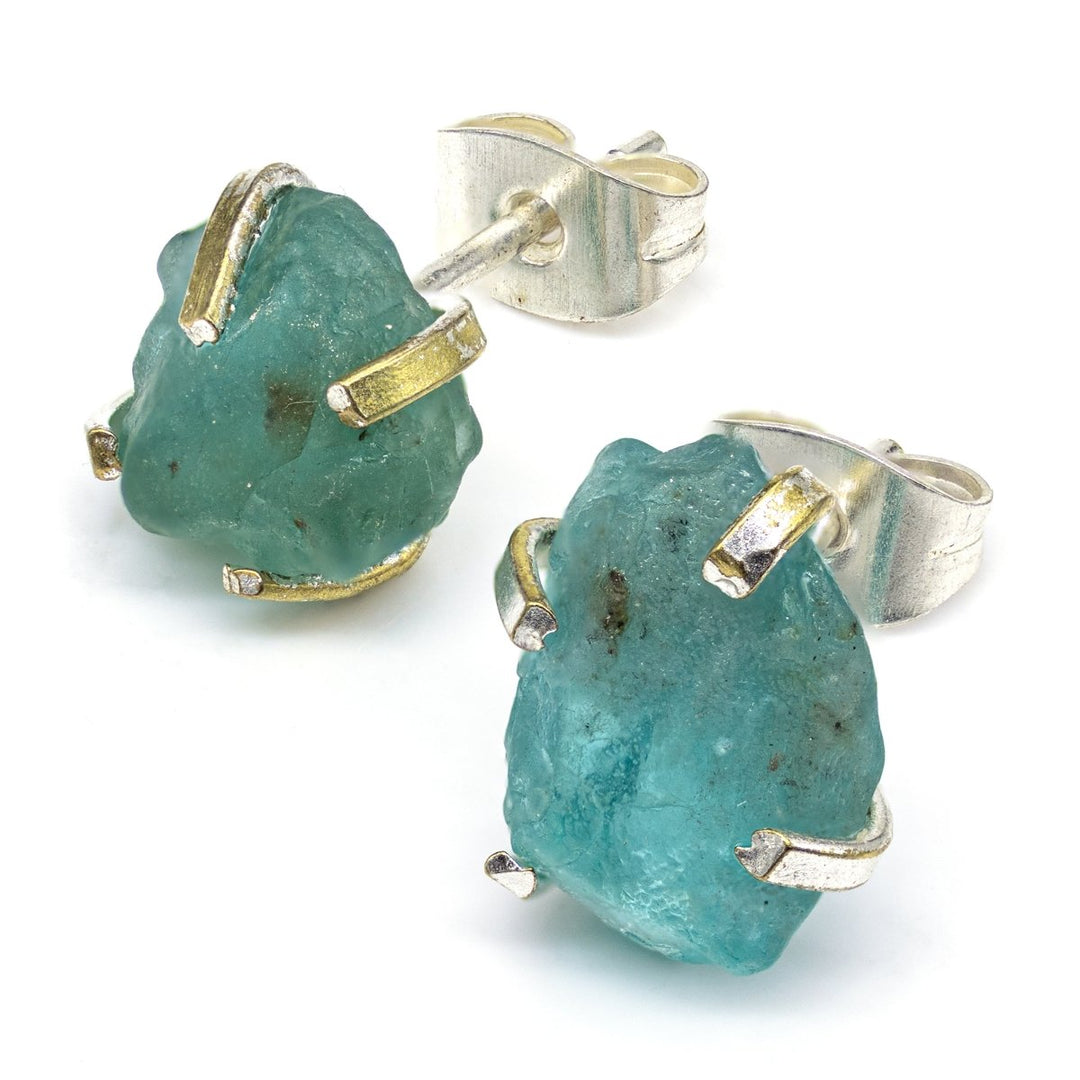 Raw Blue Topaz Stud Earrings with Silver Plating / 6mm AVG - 1 PAIRCrystal River Gems