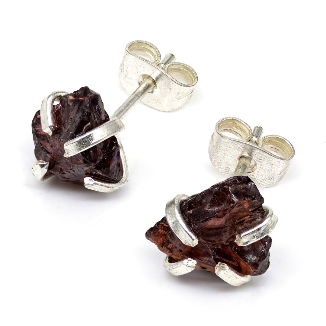 Raw Garnet Stud Earrings with Silver Plating / 6mm AVG - 1 PAIRCrystal River Gems
