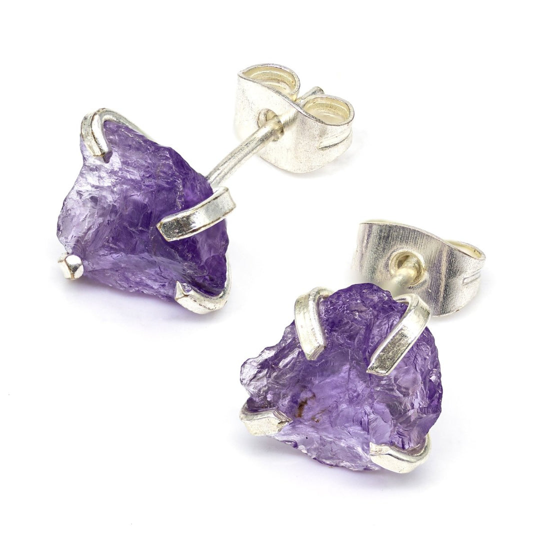 Raw Amethyst Stud Earrings with Silver Plating / 6mm AVG - 1 PAIRCrystal River Gems