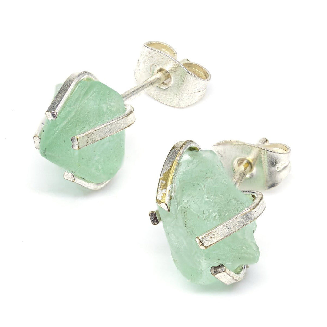 Raw Green Fluorite Stud Earrings with Silver Plating / 6mm AVG - 1 PAIRCrystal River Gems