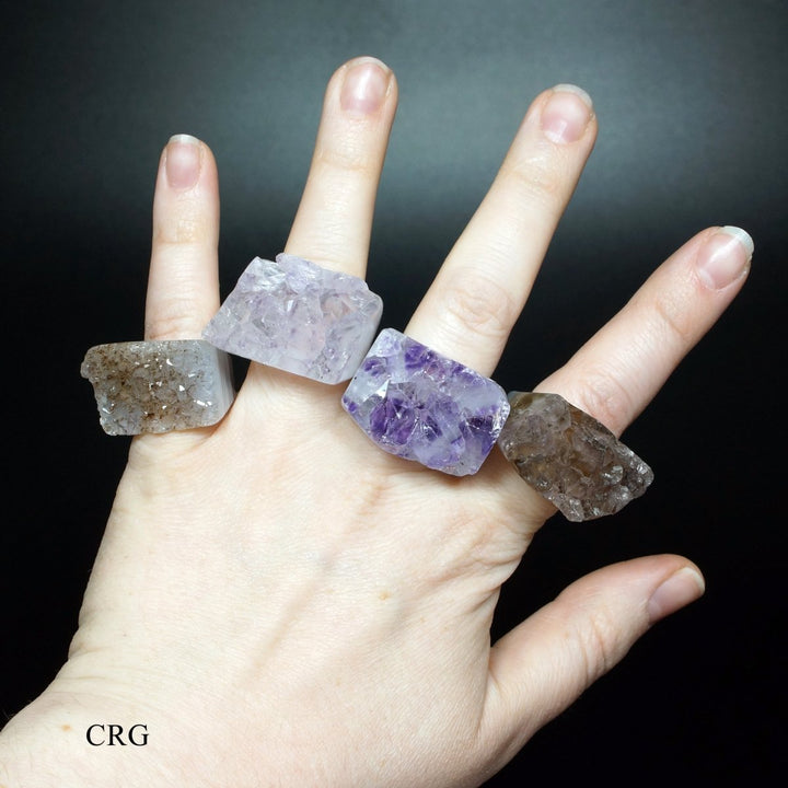 Amethyst and Druzy Agate Rings (5 Pieces) Mixed Sizes Crystal Gemstone JewelryCrystal River Gems