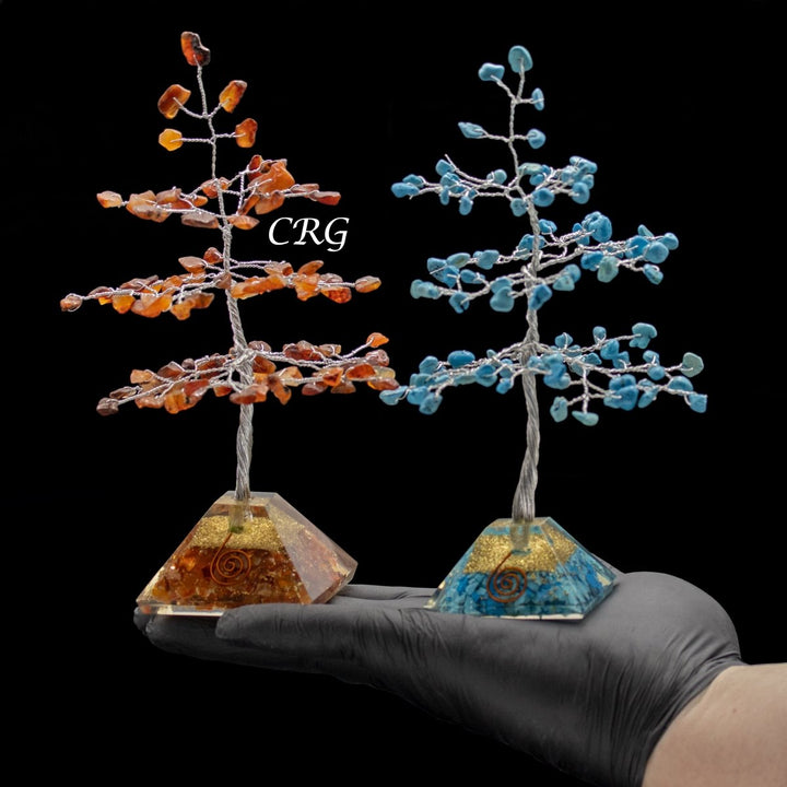7 Stone 100 Chip Trees with Orgone Pyramid Bases and Silver Wire (7 Pieces) Size 7 Inches Gemstone TreesCrystal River Gems