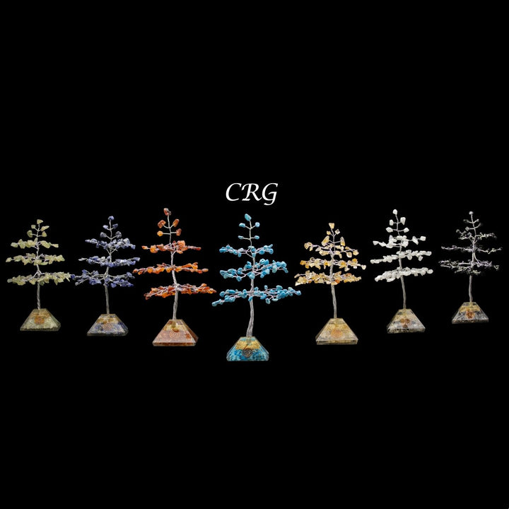 7 Stone 100 Chip Trees with Orgone Pyramid Bases and Silver Wire (7 Pieces) Size 7 Inches Gemstone Trees