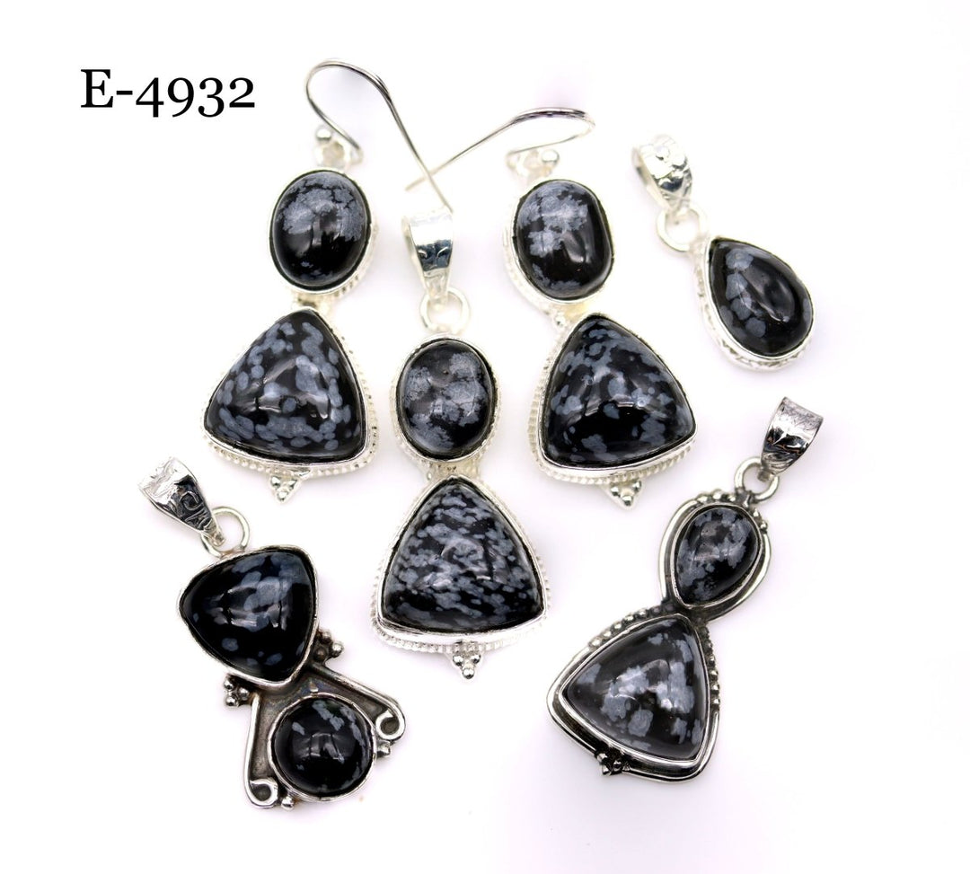 E - 4932 Sterling Silver 925 Snowflake Obsidian Pendant/Earring SetCrystal River Gems