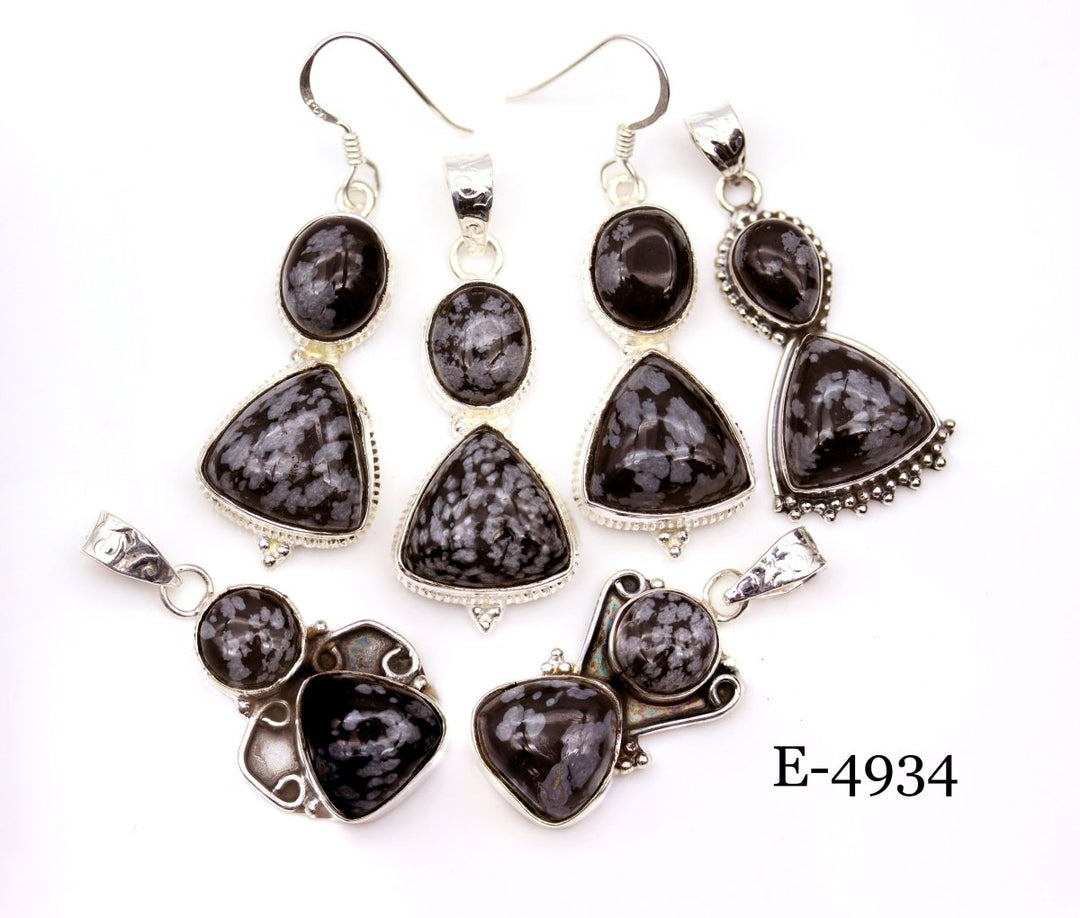 E - 4934 Sterling Silver 925 Snowflake Obsidian Pendant/Earring SetCrystal River Gems