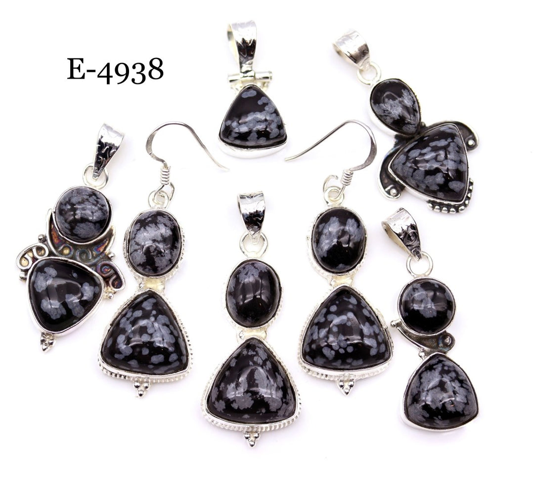 E - 4938 Sterling Silver 925 Snowflake Obsidian Pendant/Earring SetCrystal River Gems