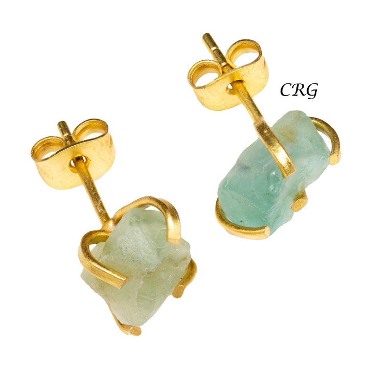 Raw Green Fluorite Stud Earrings with Gold Plating / 6mm AVG - 1 PAIRCrystal River Gems
