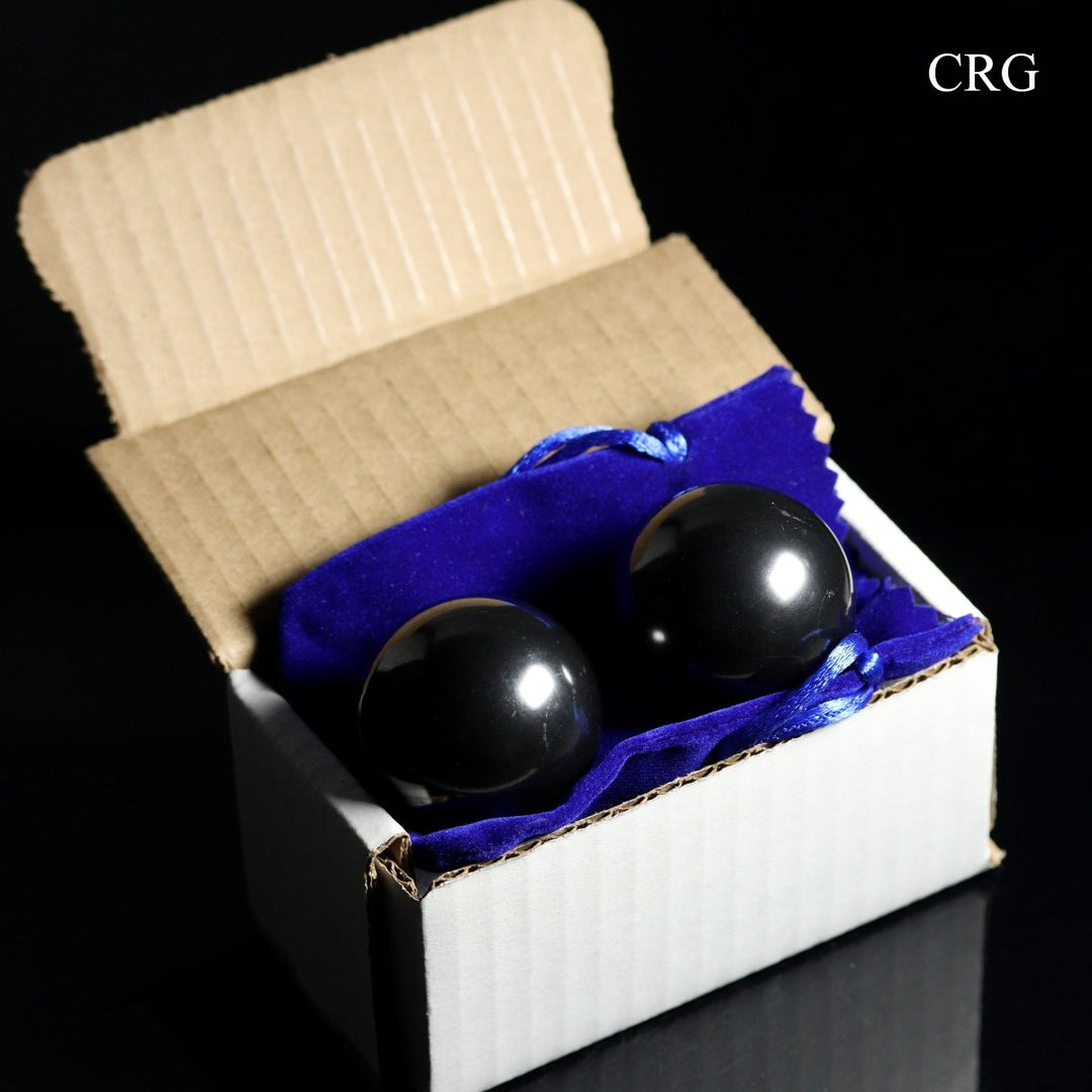 Shungite Hand Massage Balls with Velvet Pouch / 40mm AVG - 1 PAIRCrystal River Gems