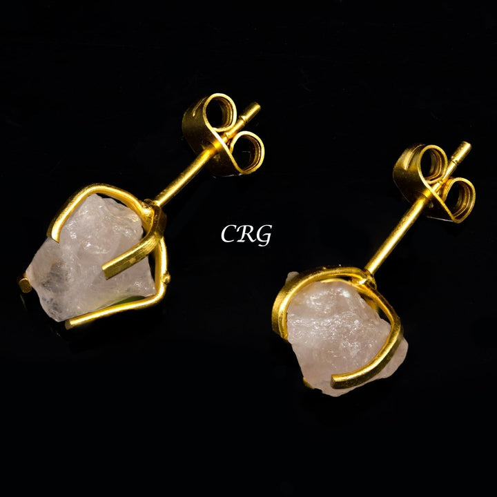 Raw Rose Quartz Stud Earrings with Gold Plating / 6mm AVG - 1 PAIRCrystal River Gems