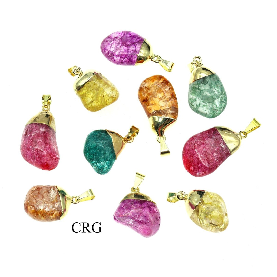 10 PIECE LOT - Assorted Tumbled Crackle Quartz Pendants with Gold Plating / 0.75-1" AVG