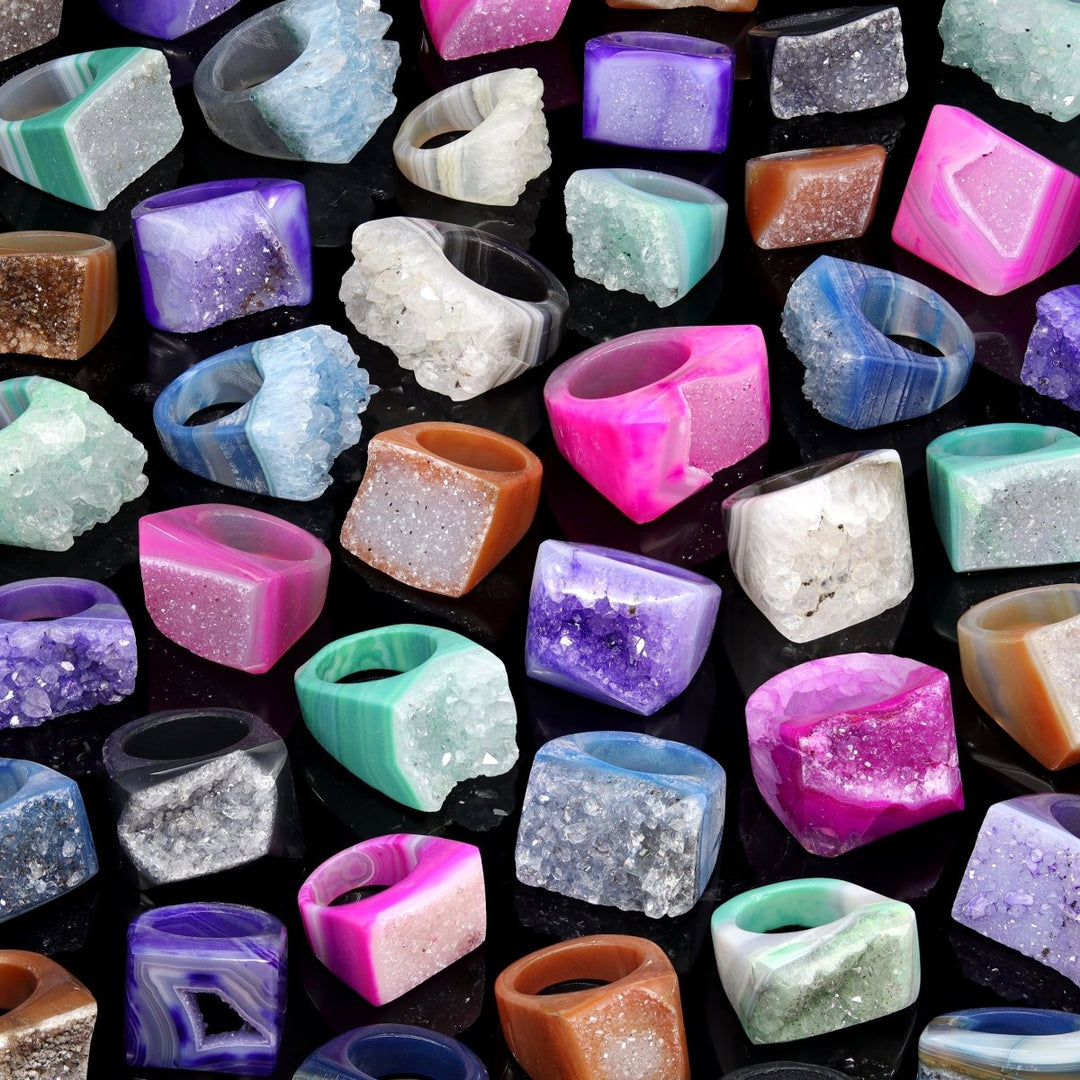 Agate Druzy Rings (5 Pieces) Mixed Sizes Assorted Color Crystal JewelryCrystal River Gems