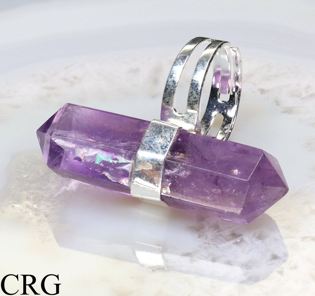 Amethyst Double Terminated Point Adjustable Silver - Plated Ring (1 Piece) Size 1.5 Inches Crystal JewelryCrystal River Gems