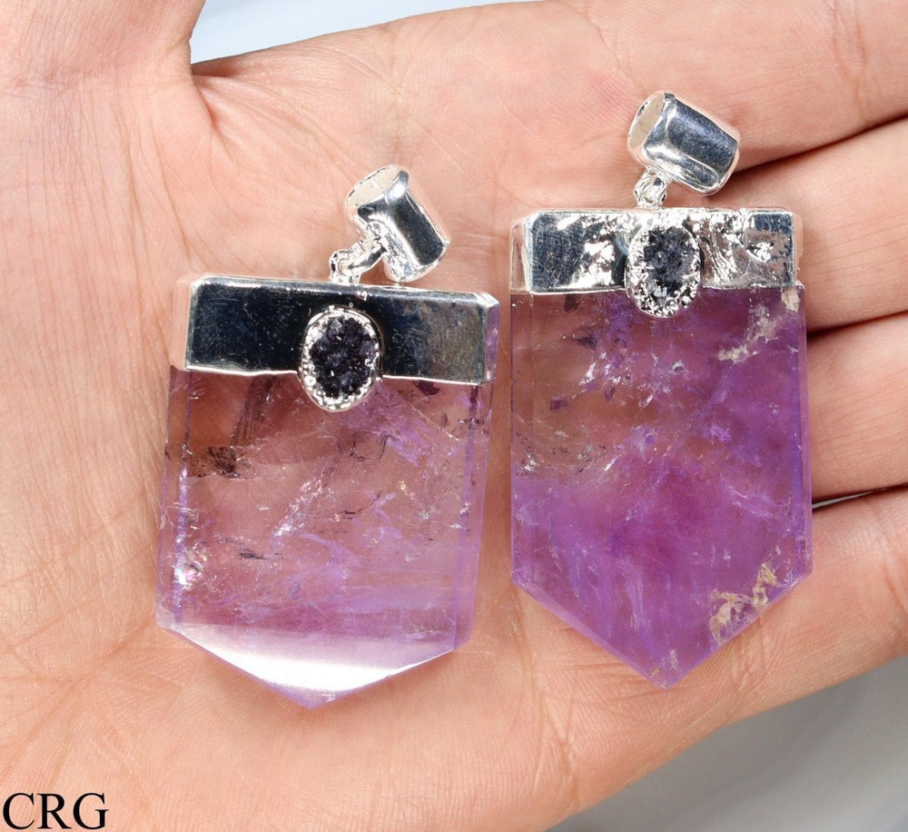 Amethyst Flat Point Druzy Pendant with Silver Plating (1 Piece) Size 2.5 Inches Crystal Jewelry CharmCrystal River Gems