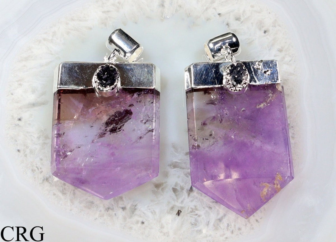 Amethyst Flat Point Druzy Pendant with Silver Plating (1 Piece) Size 2.5 Inches Crystal Jewelry Charm