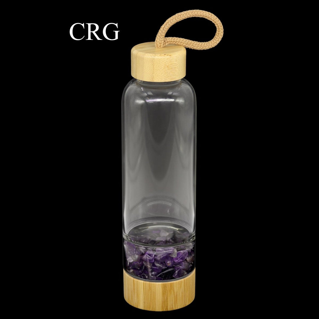 Amethyst Gemstone Bamboo Glass Water Bottle (1 Piece) Size 12 Inches with Black Protective Sleeve