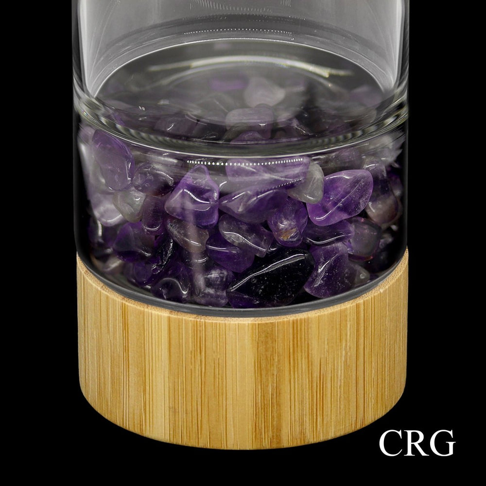 Amethyst Gemstone Bamboo Glass Water Bottle (1 Piece) Size 12 Inches with Black Protective SleeveCrystal River Gems