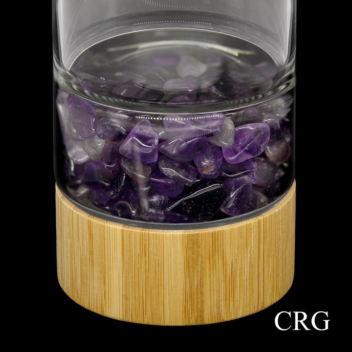 Amethyst Gemstone Bamboo Glass Water Bottle (1 Piece) Size 12 Inches with Black Protective SleeveCrystal River Gems