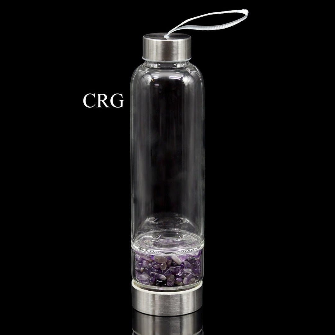 Amethyst Gemstone Metal Glass Water Bottle (1 Piece) Size 12 Inches with Black Protective SleeveCrystal River Gems