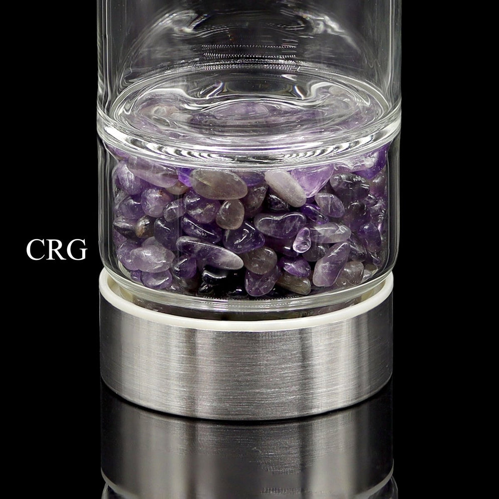 Amethyst Gemstone Metal Glass Water Bottle (1 Piece) Size 12 Inches with Black Protective SleeveCrystal River Gems
