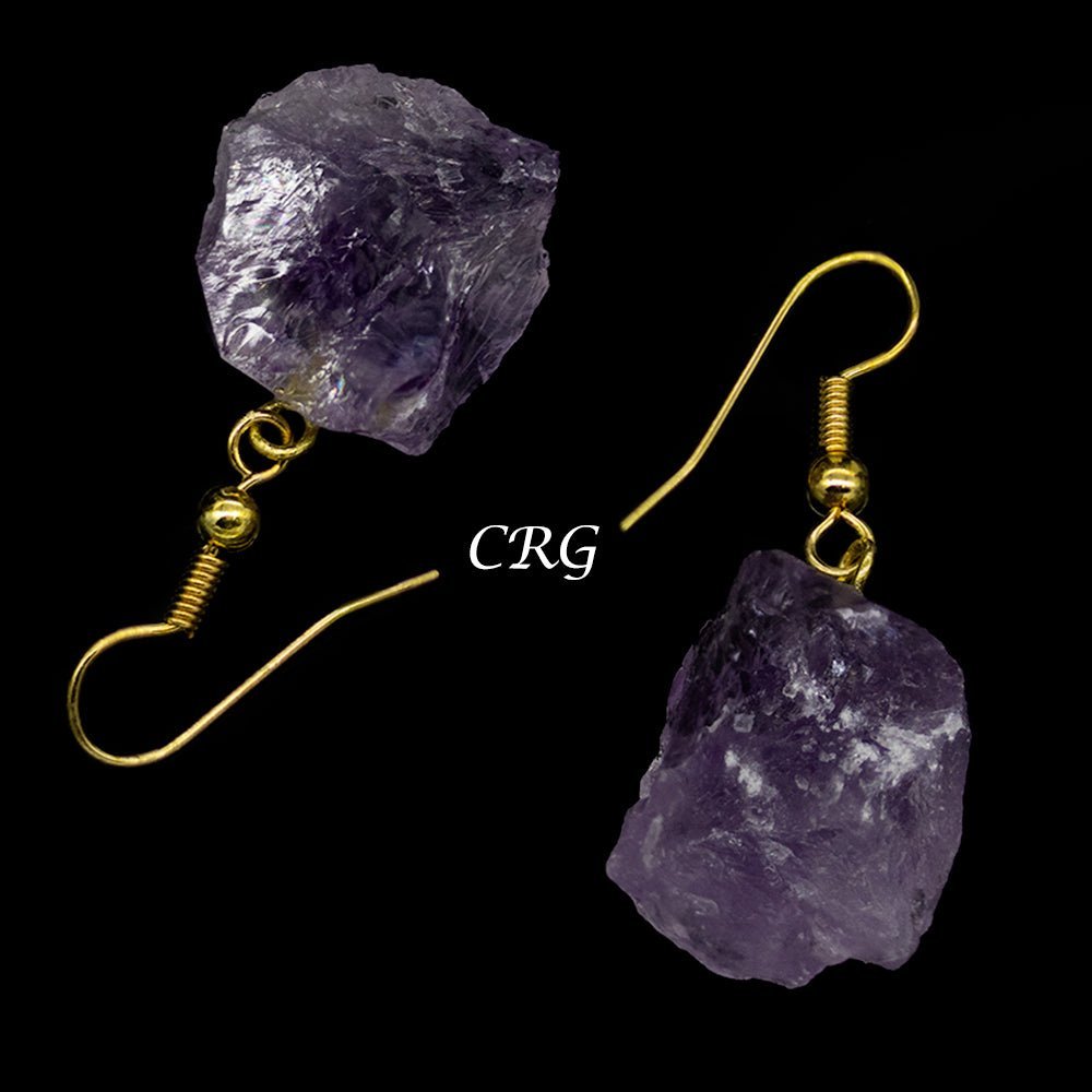 Amethyst Rough Earrings with Gold-Plated Ear Wire (2 Pieces) Size 1 to 2 Inches Crystal Jewelry