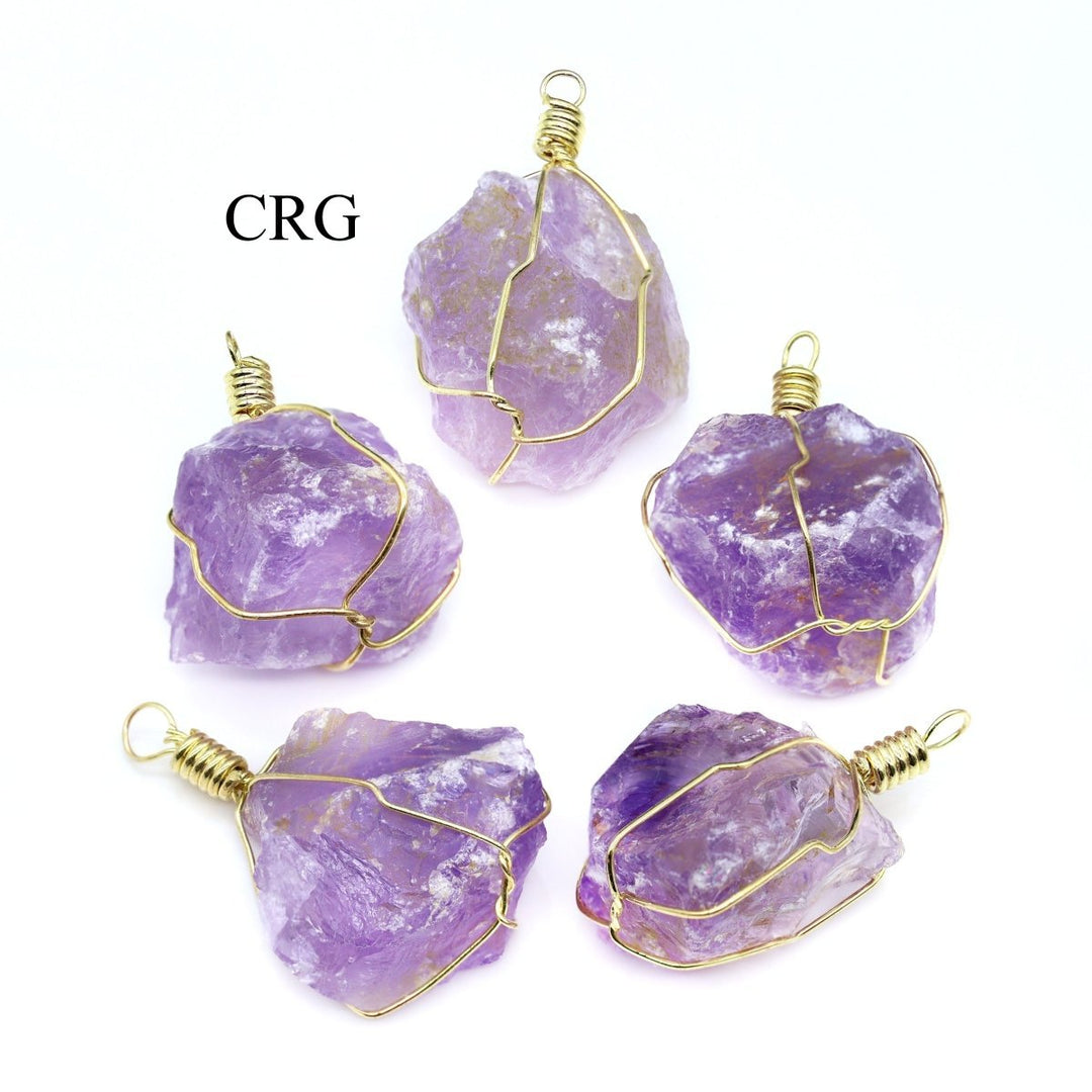 Amethyst Rough Pendant with Gold - Plated Wire Cage (4 Pieces) Size 1 to 2 Inches Crystal Jewelry CharmCrystal River Gems