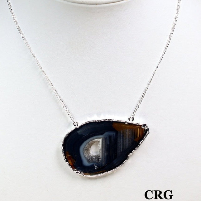 Black Agate Slice Necklace (16 Inches) (1 Pc) Large Silver-Plated Crystal Charm