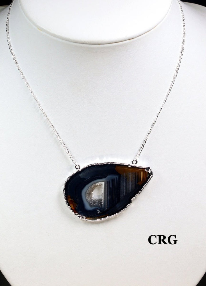 Black Agate Slice Necklace (16 Inches) (1 Pc) Large Silver - Plated Crystal CharmCrystal River Gems
